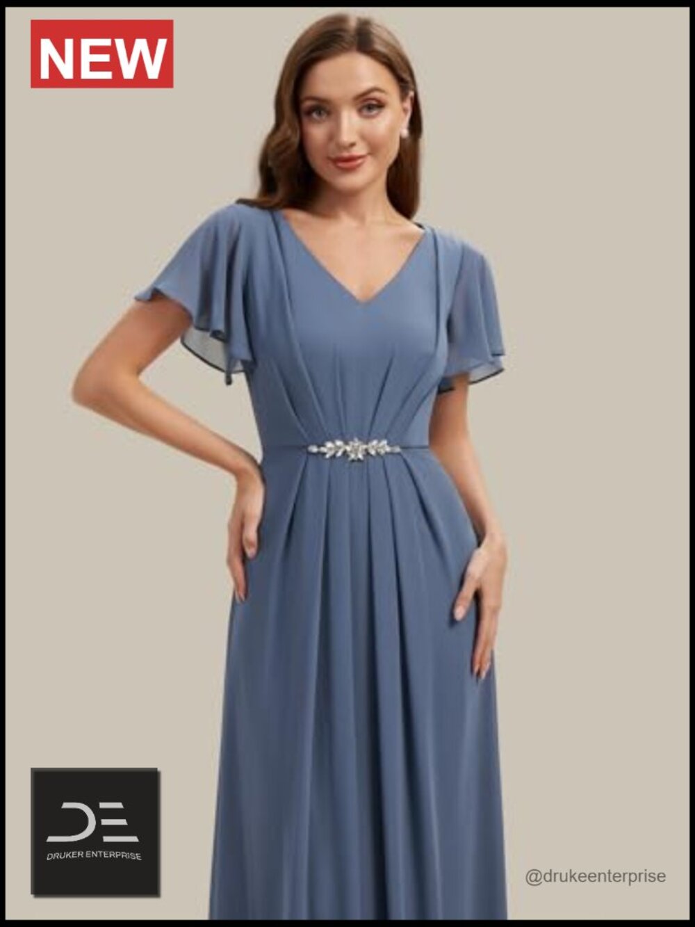 V-Neck Short Sleeve Chiffon Maxi A-Line Formal Dress with Ruffle Trim - Picture 5 of 5